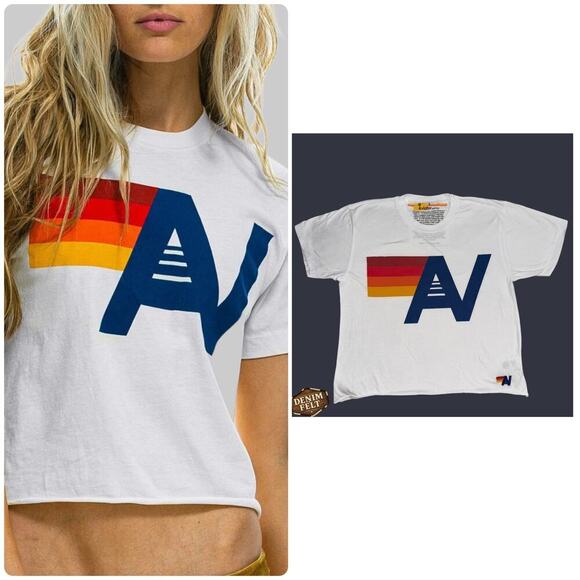 Aviator Nation Cropped AV Logo Graphic Tee White Rainbow T/Shirt Sz S - Picture 1 of 13